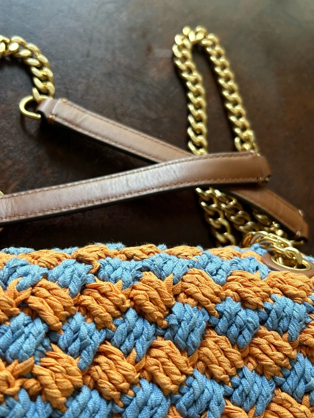 Tory Burch Blue and Orange Crochet Chain Shoulder Bag kira